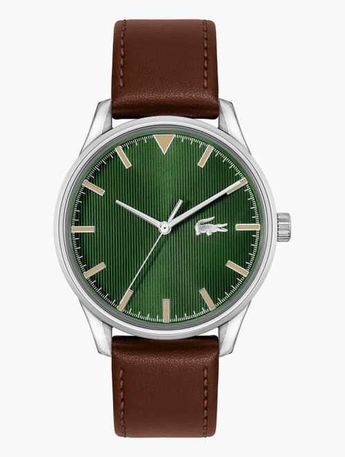 MyRunway | Shop Lacoste Brown Leather & Green Dial Vienna Watch MyRunway | Shop Lacoste Brown Leather & Green Dial Vienna Watch